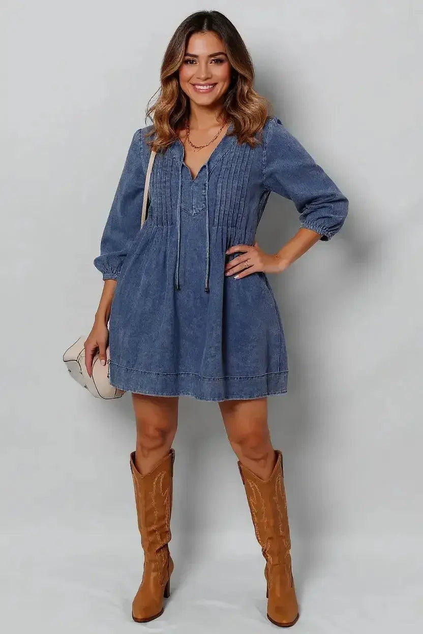 Women’s long sleeve denim mini dress with tie neck in soft cotton, casual style by Trendsi.