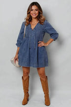 Women’s long sleeve denim mini dress with tie neck in soft cotton, casual style by Trendsi.