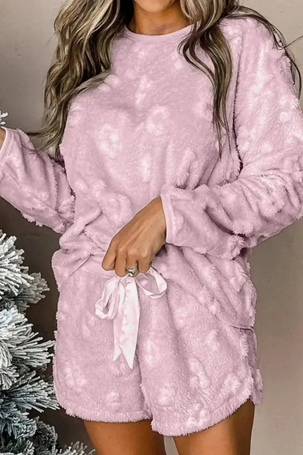 Women’s long sleeve pajama top and drawstring shorts loungewear set from Plush Fashion Hub, casual and comfortable sleepwear.
