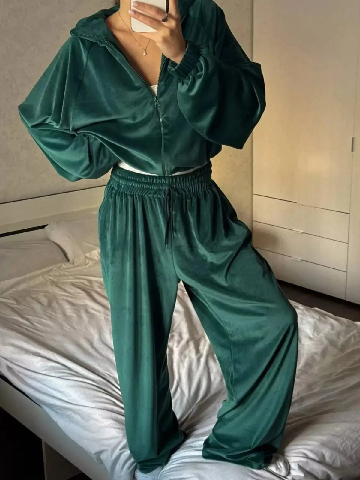 Women’s long sleeve zip-up jacket and matching pants lounge set by Plush Fashion Hub, stylish and comfortable sleepwear ensemble.