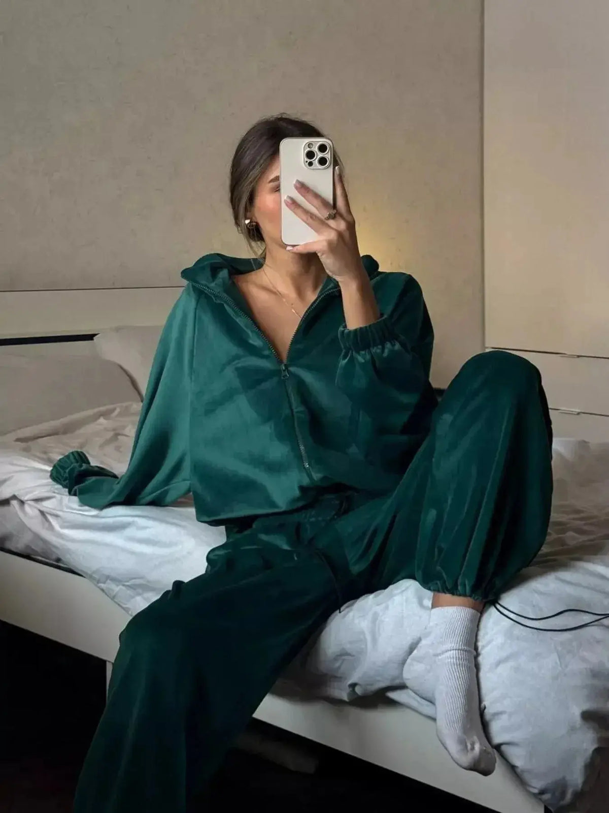 Women’s long sleeve zip-up jacket and pants lounge set by Plush Fashion Hub, comfortable casual wear in soft fabric.