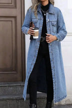 Women’s longline denim jacket with button-front closure and structured cotton blend outerwear, stylish Trendsi denim jacket.