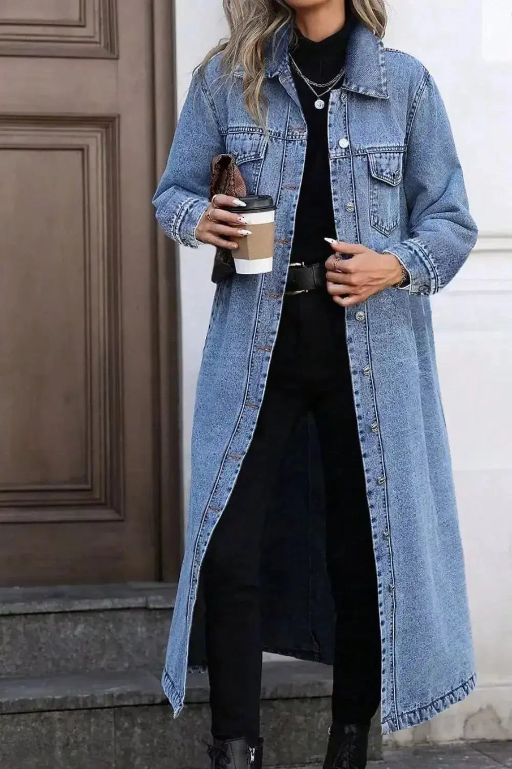 Women’s longline denim jacket with button-front closure and structured cotton blend outerwear, stylish Trendsi denim jacket.