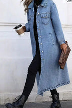 Women's longline denim jacket by Trendsi with button front and structured cotton blend outerwear, shown in a stylish denim design.