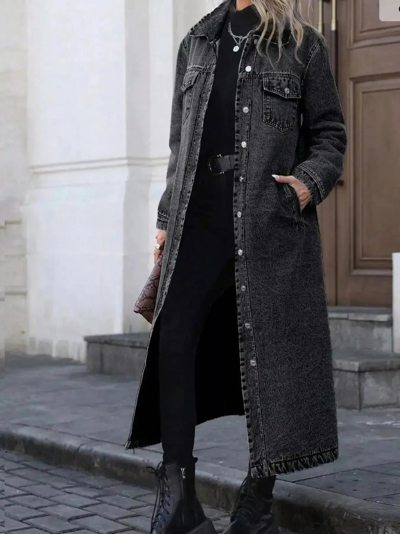 Women's longline denim jacket with button-front closure and structured cotton blend outerwear, stylish Trendsi denim jacket.