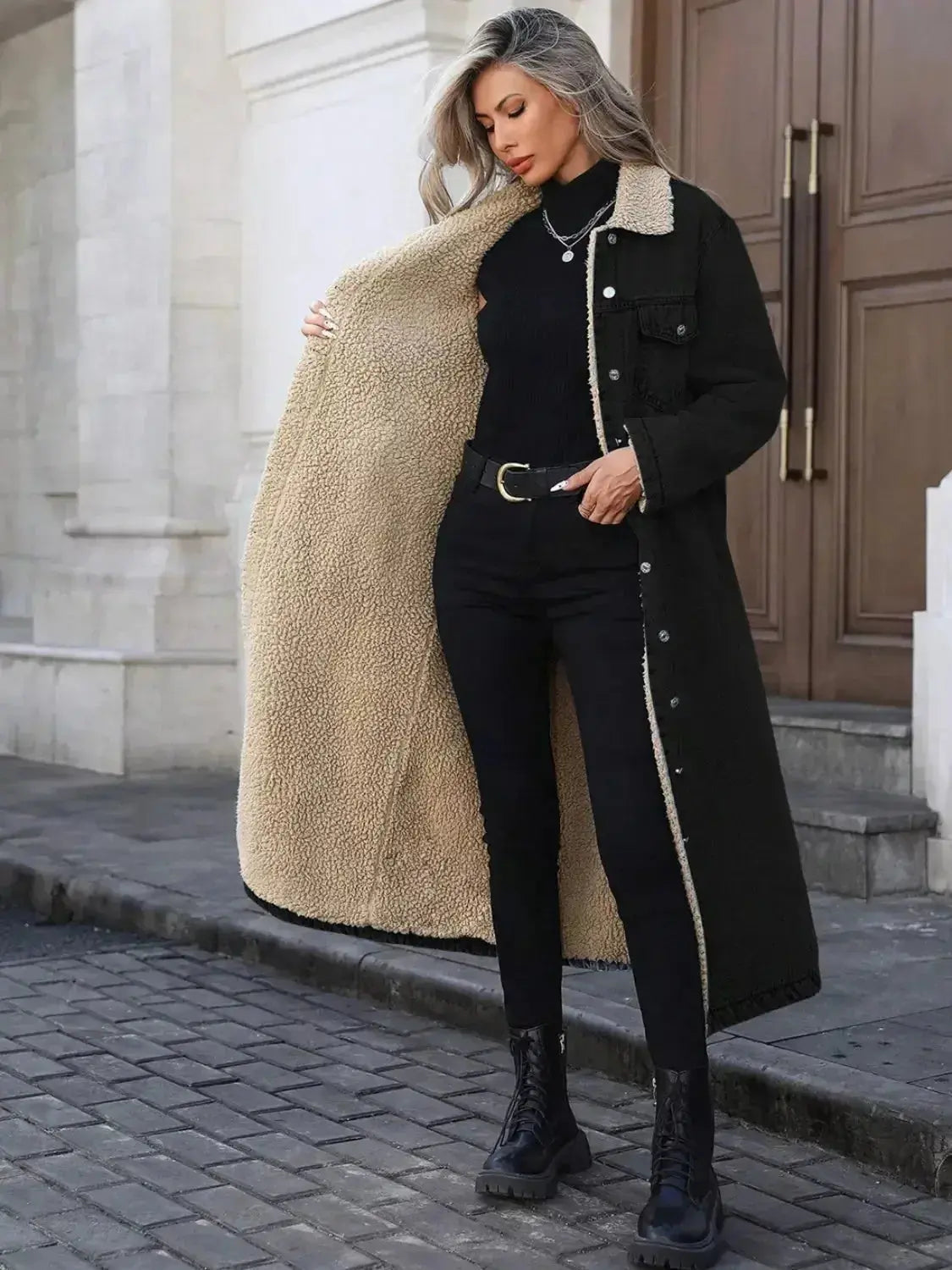 Women’s longline denim jacket with cozy sherpa lining, stylish fall and winter outerwear by Plush Fashion Hub.