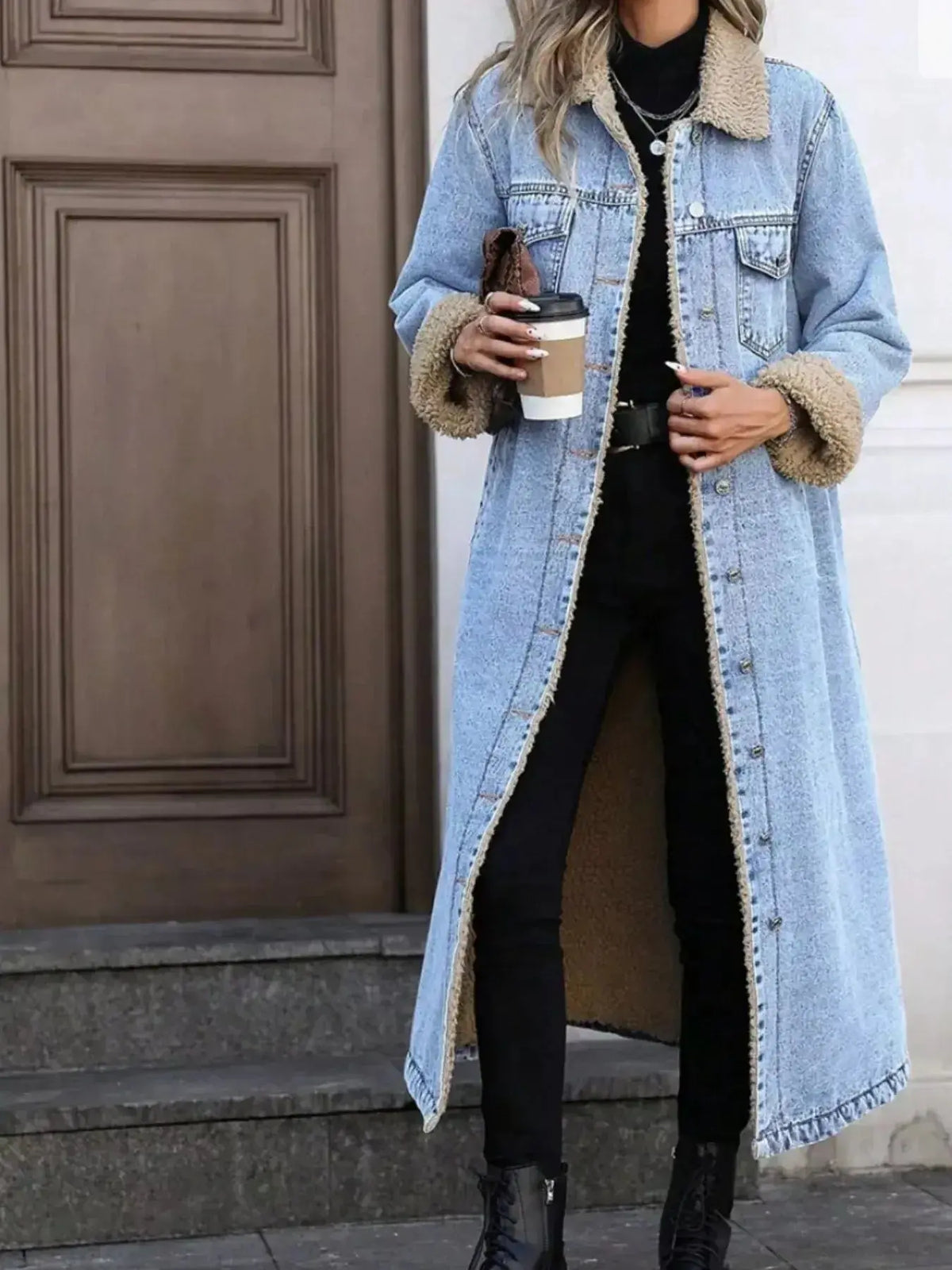Women’s longline denim jacket with sherpa lining by Plush Fashion Hub, cozy fall and winter outerwear with stylish denim material.