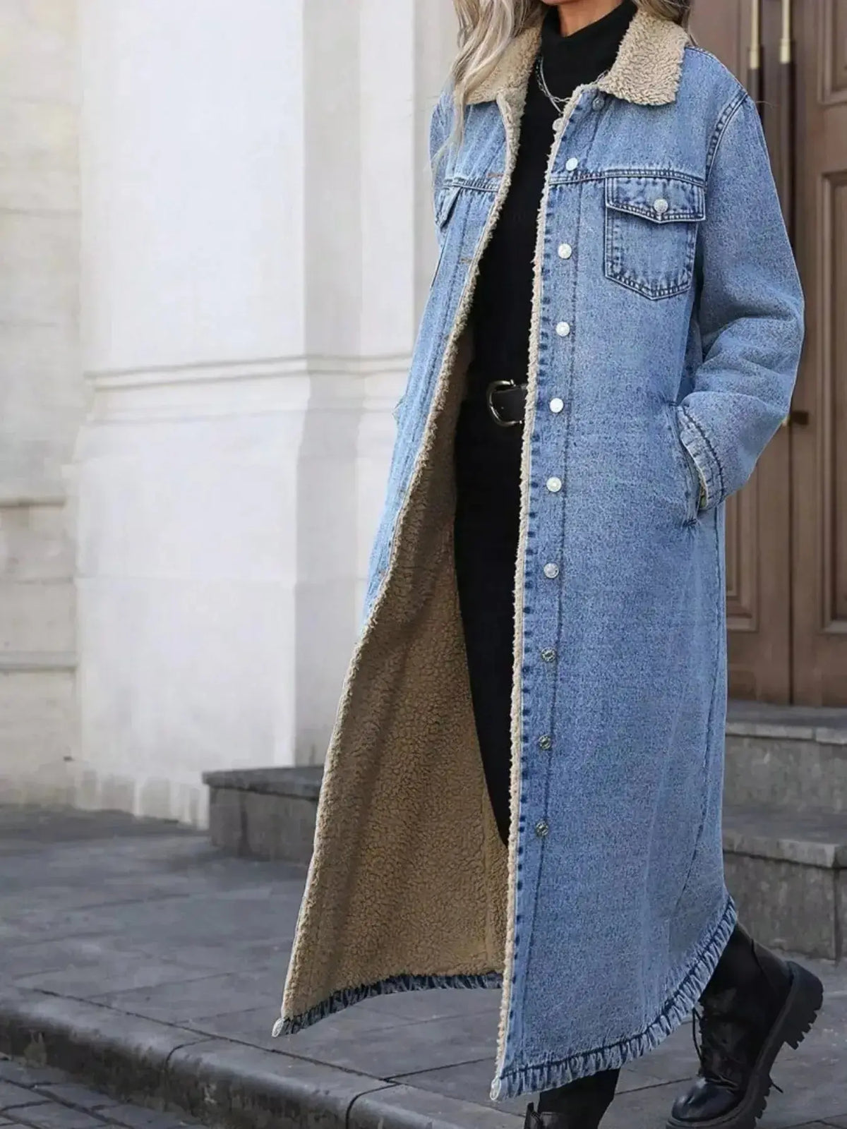 Women's longline denim jacket with sherpa lining by Plush Fashion Hub, cozy fall and winter outerwear with a trendy, casual style.