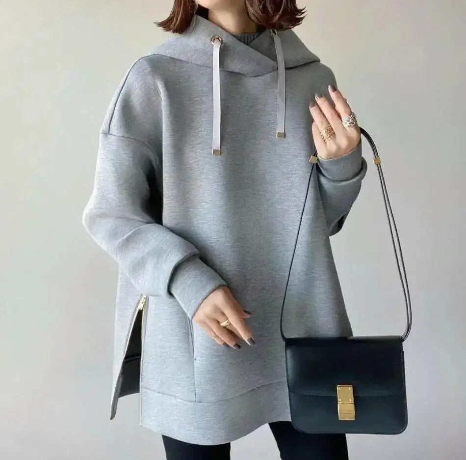 Women’s hooded side-zip knit sweater by Plush Fashion Hub, relaxed fit, solid color, cozy pullover with a hood and side zipper detail.