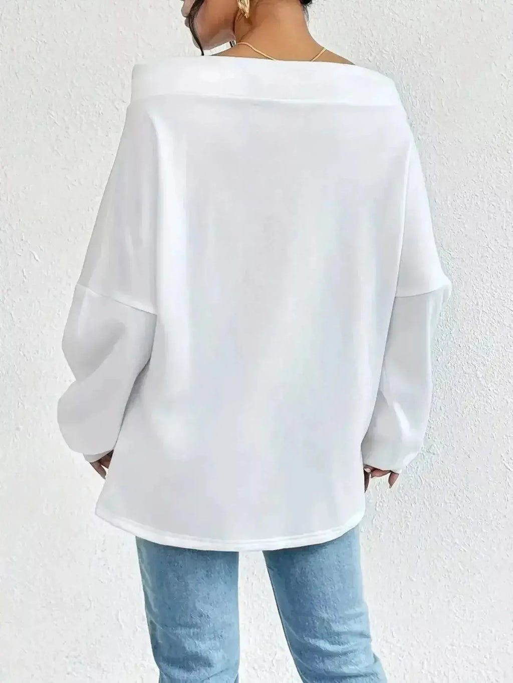 Women's off-shoulder long sleeve sweatshirt with drawstring details, stylish plush fabric by Trendsi for casual wear.