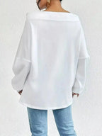 Women's off-shoulder long sleeve sweatshirt with drawstring details, stylish plush fabric by Trendsi for casual wear.