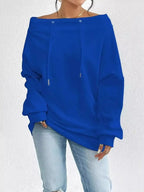 Women’s off-shoulder long sleeve drawstring sweatshirt by Trendsi, featuring plush fabric and casual style.