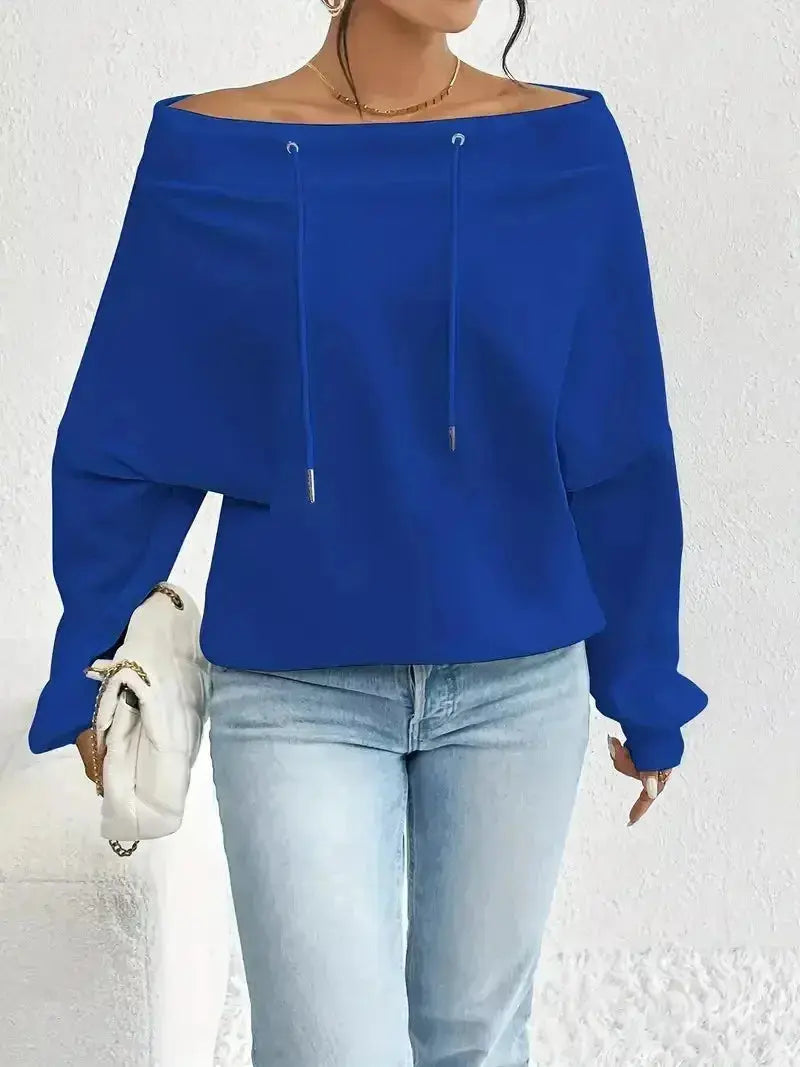 Women's off-shoulder long sleeve drawstring sweatshirt by Trendsi, featuring plush fabric and a relaxed fit for casual wear.