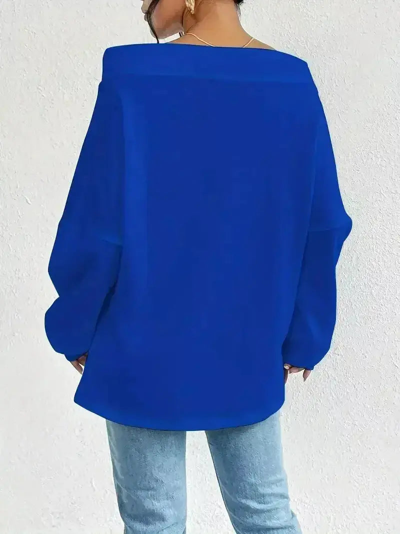 Women’s off-shoulder long sleeve drawstring sweatshirt by Trendsi, plush fabric, casual style, and relaxed fit.