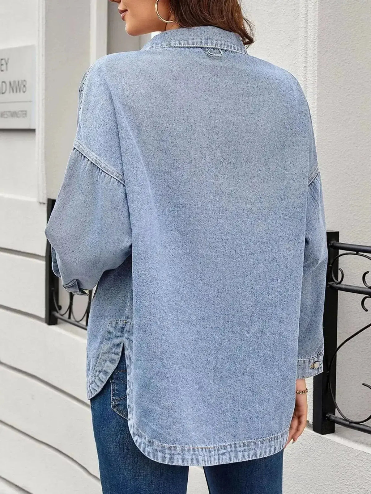 Women’s oversized denim jacket by Plush Fashion Hub featuring button-up front, relaxed fit, casual outerwear style.