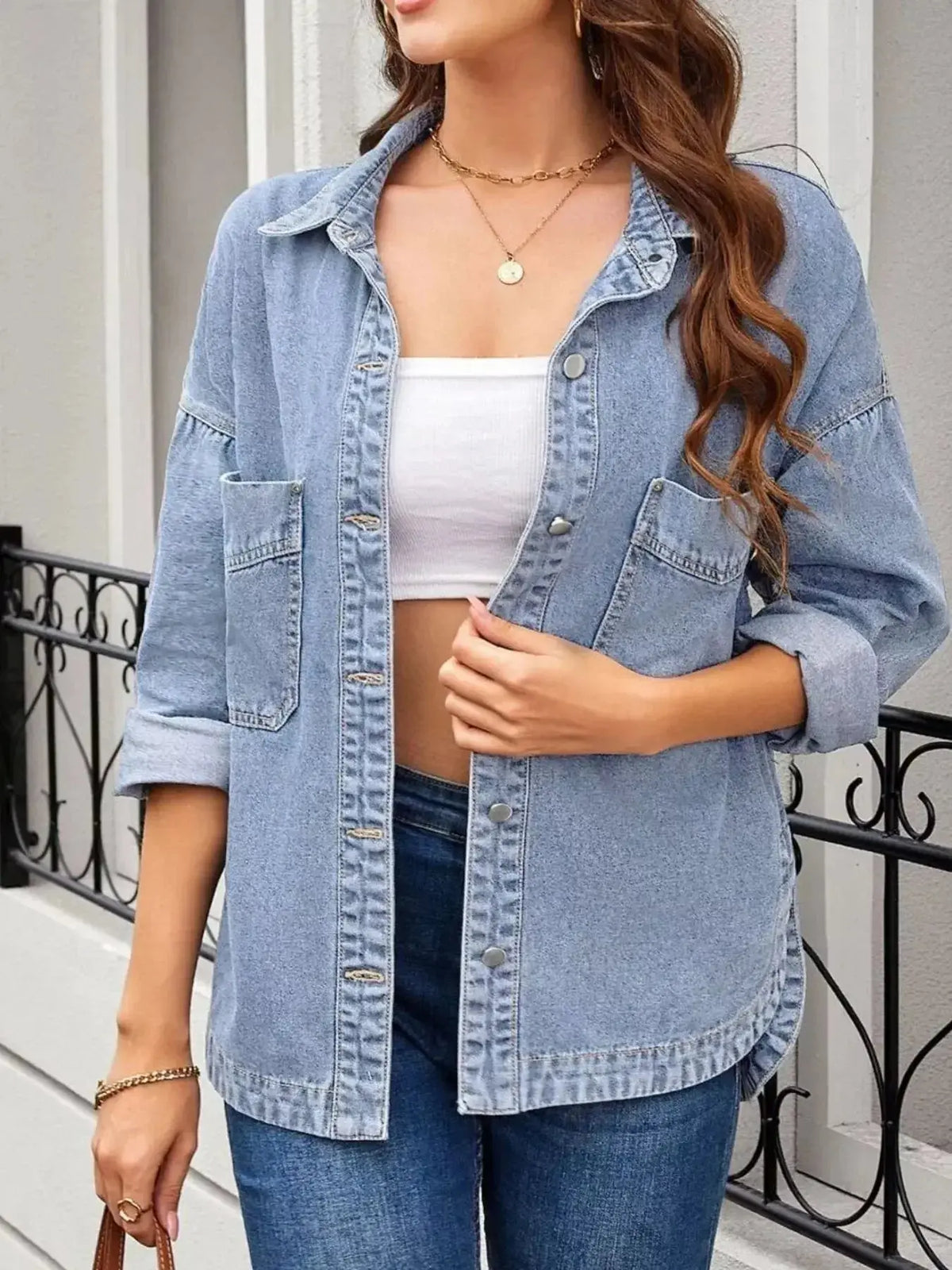 Women’s oversized denim jacket by Plush Fashion Hub featuring a relaxed fit and casual button-up design.