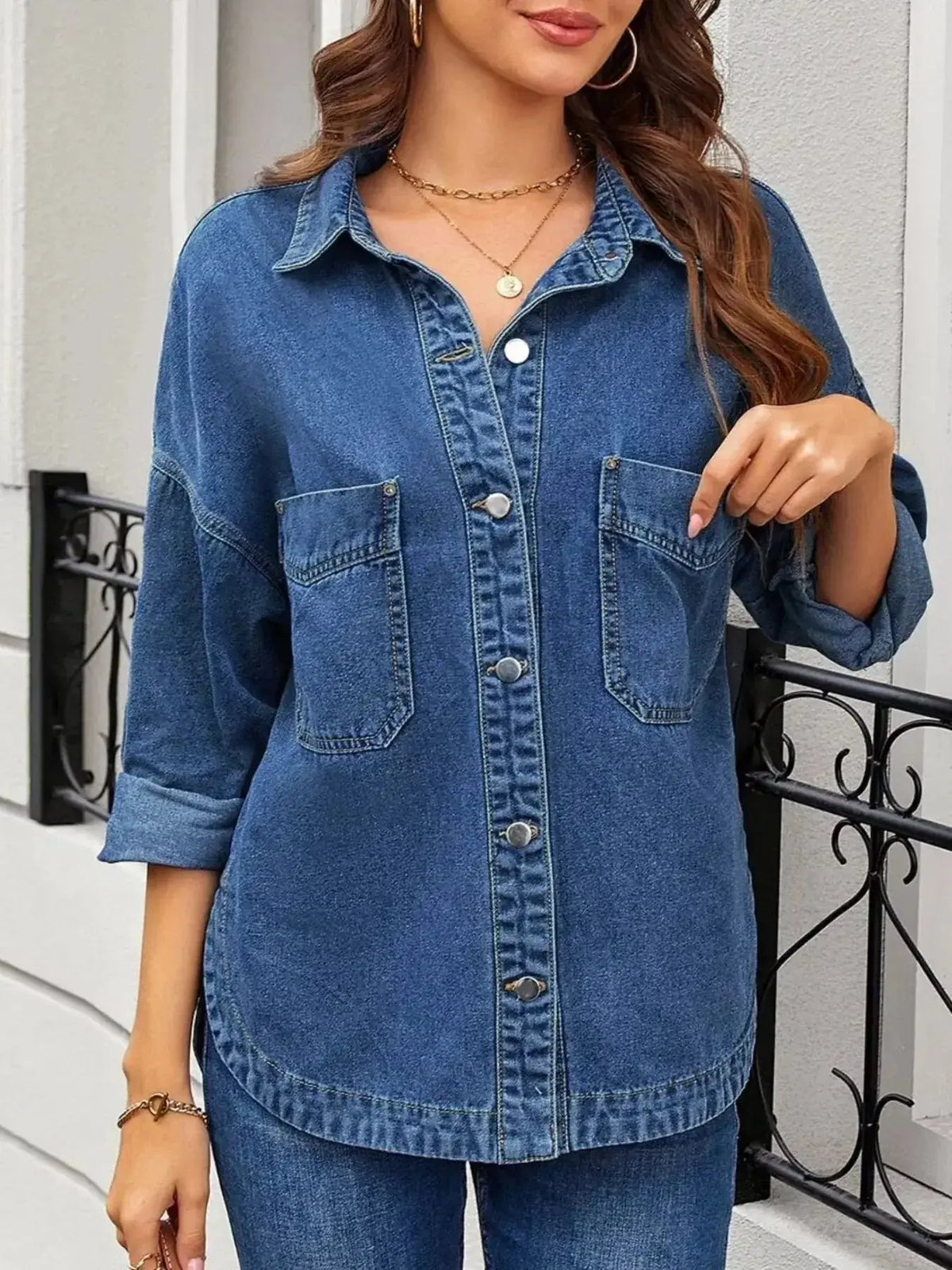 Women’s oversized denim jacket by Plush Fashion Hub, relaxed fit casual outerwear with button-up front and classic blue denim look.