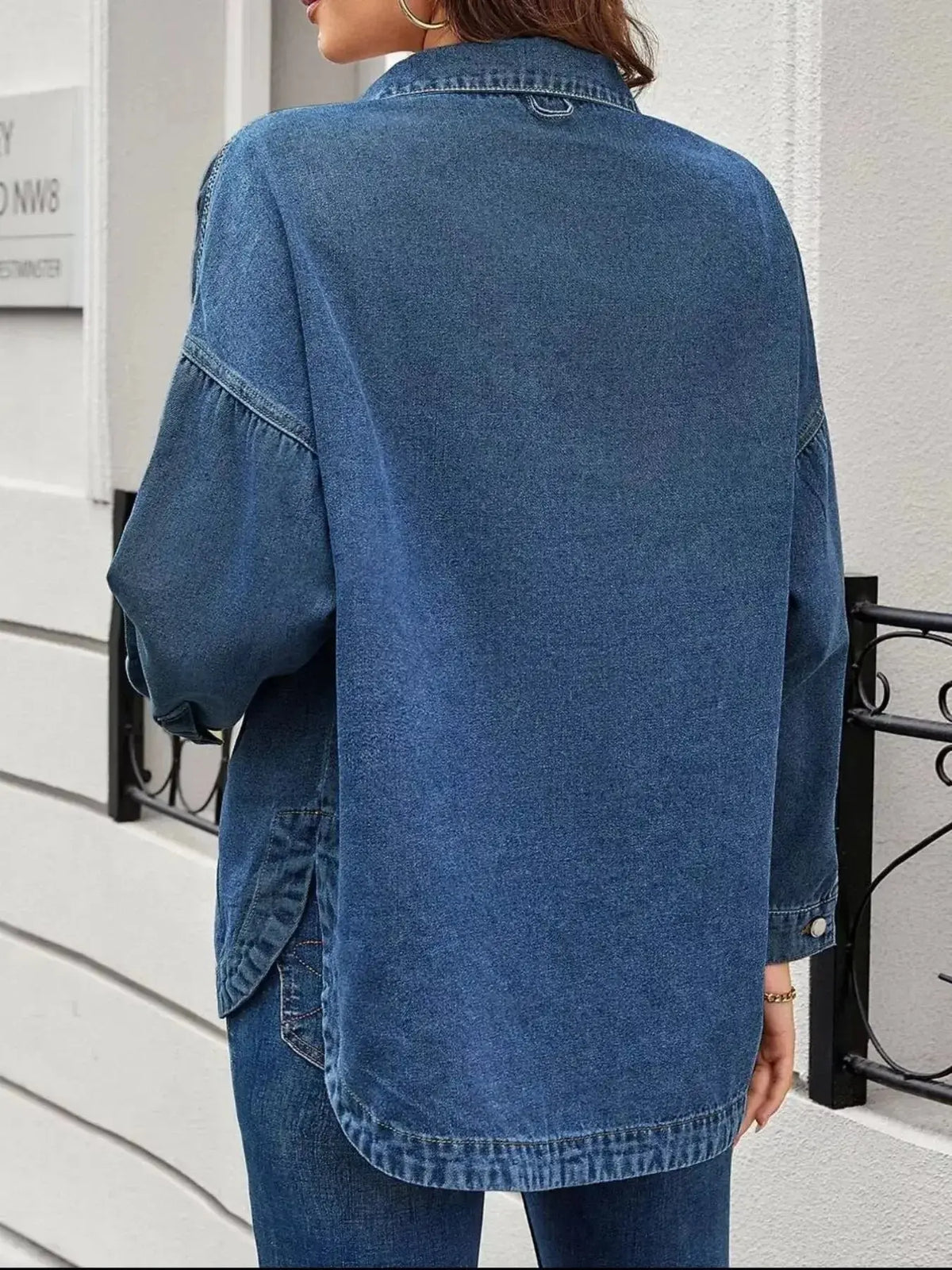 Women’s oversized denim jacket by Plush Fashion Hub featuring relaxed fit, button-up front, casual outerwear style.