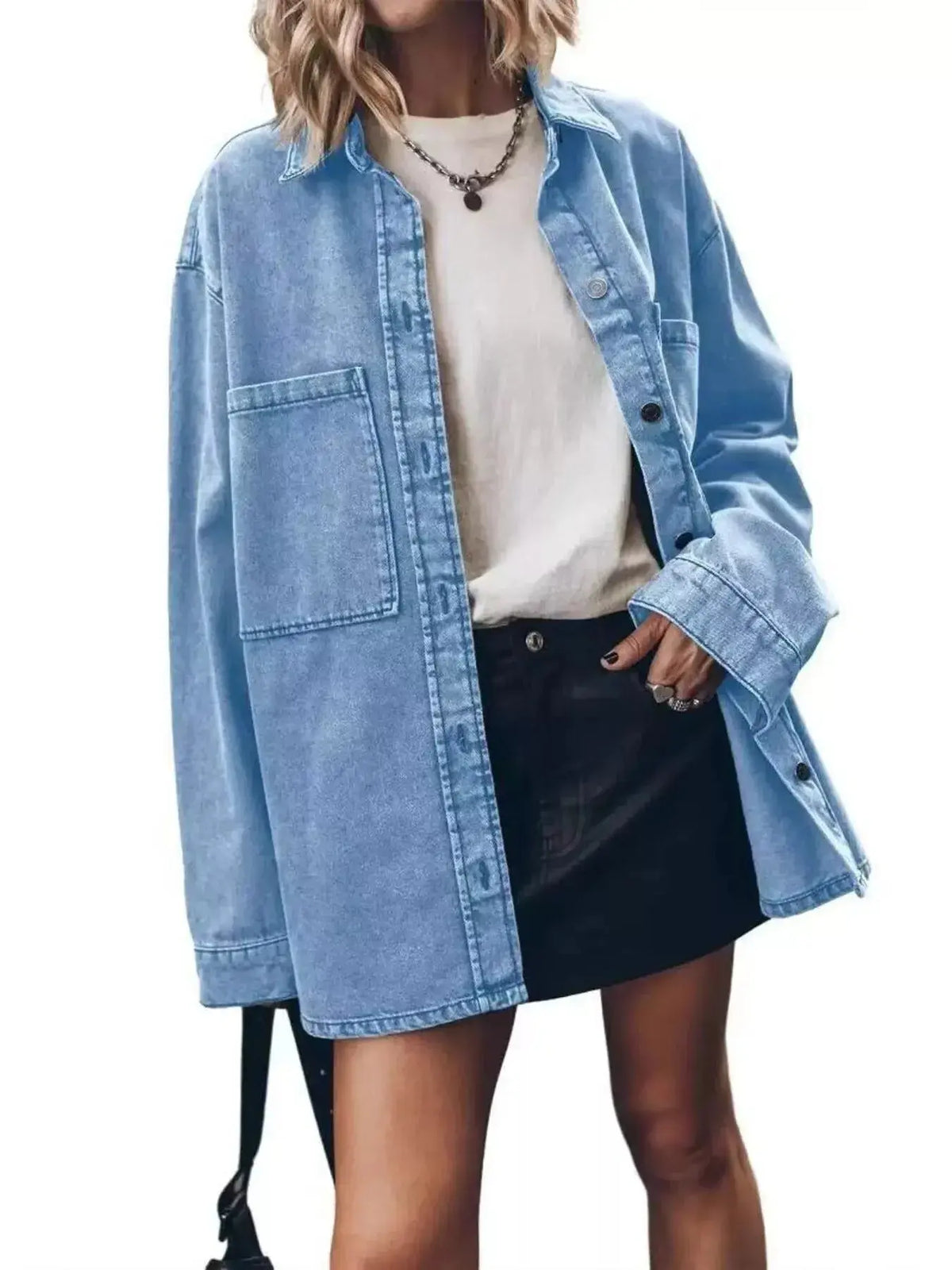 Women wearing a plush fashion hub oversized denim button-up shirt with relaxed fit, casual chic style and classic denim look.