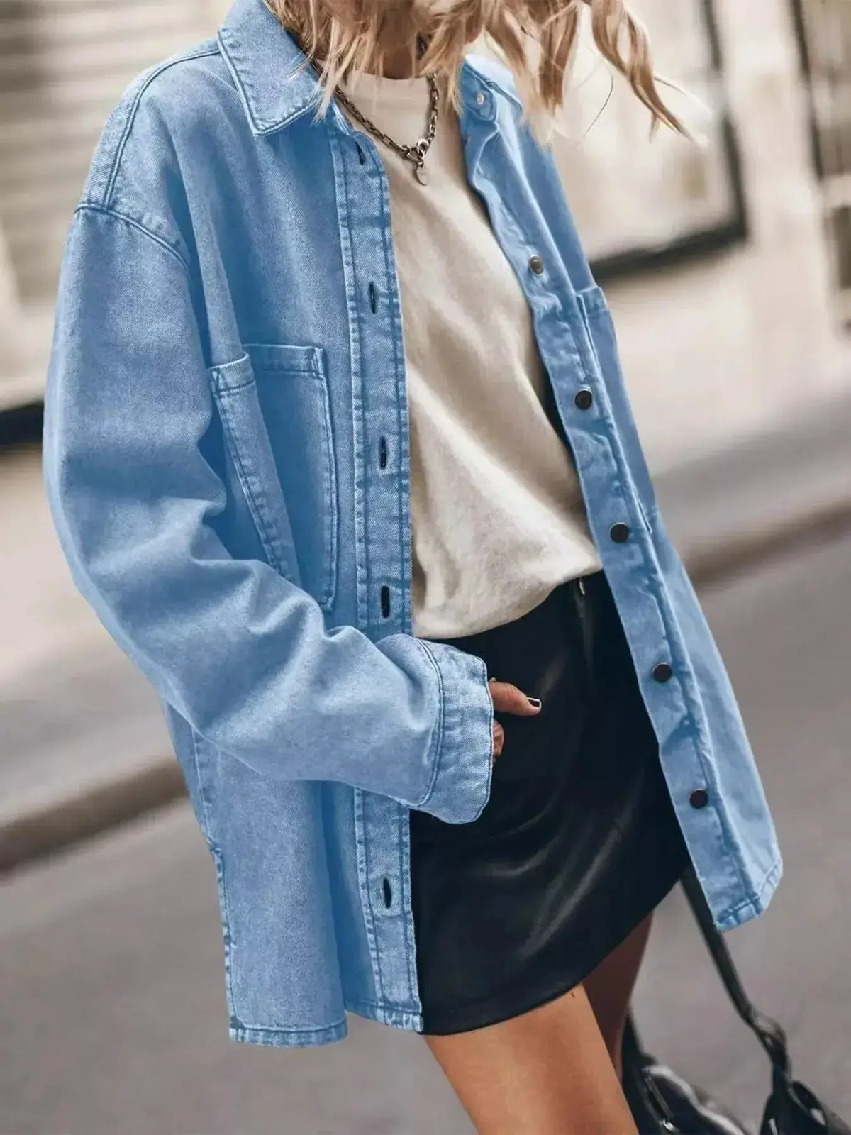 Women wearing a plush blue oversized denim shirt with button-up front and relaxed fit, casual style from Plush Fashion Hub.