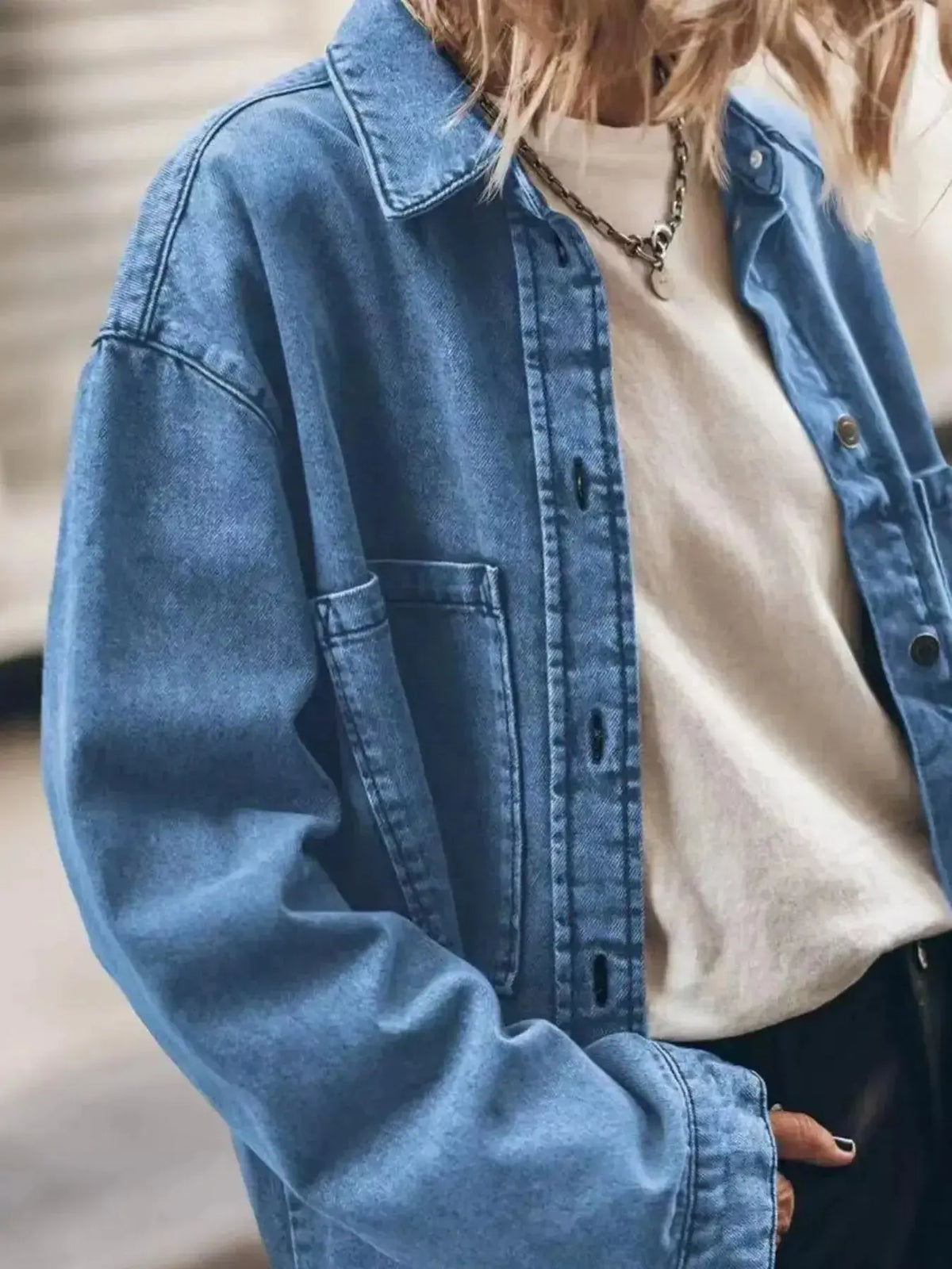 Women wearing a plush fashion hub oversized denim shirt with relaxed fit, casual button-up style, showcasing trendy denim casual wear.