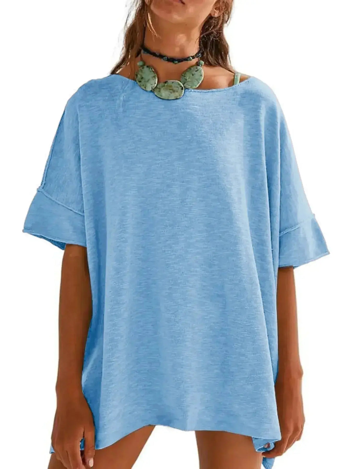 Women's oversized drop-shoulder round neck casual T-shirt by Plush Fashion Hub, relaxed fit with soft fabric and stylish design.
