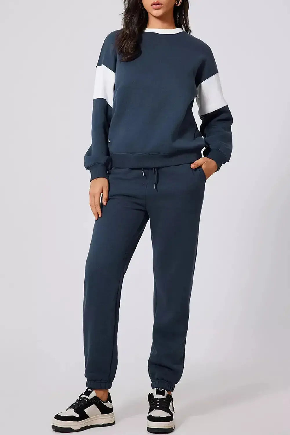 Women’s oversized drop shoulder sweatshirt and joggers loungewear set by Plush Fashion Hub, relaxed fit, cozy and stylish for casual wear.