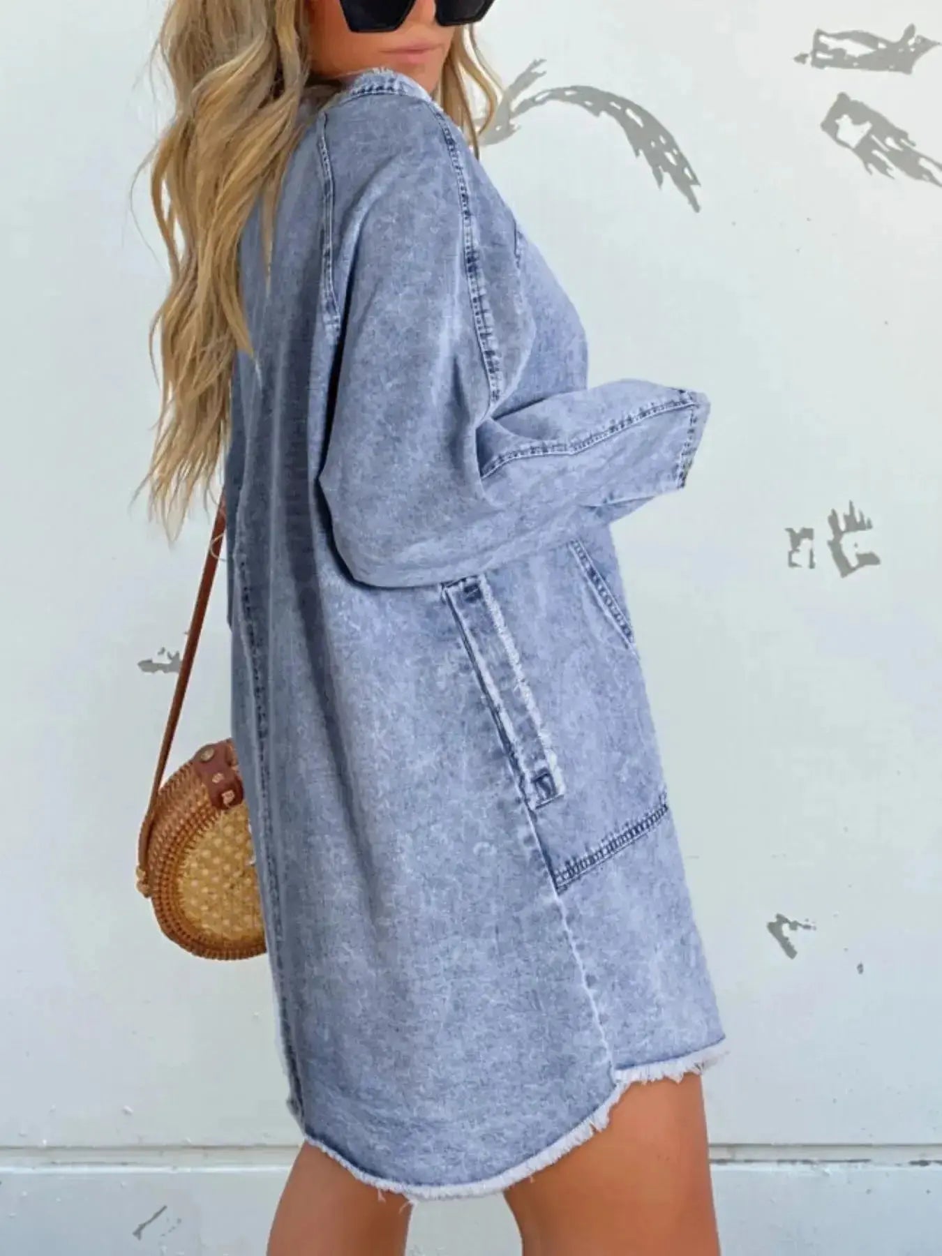 Women’s oversized long sleeve denim shirt dress with front pockets, casual style by Plush Fashion Hub.