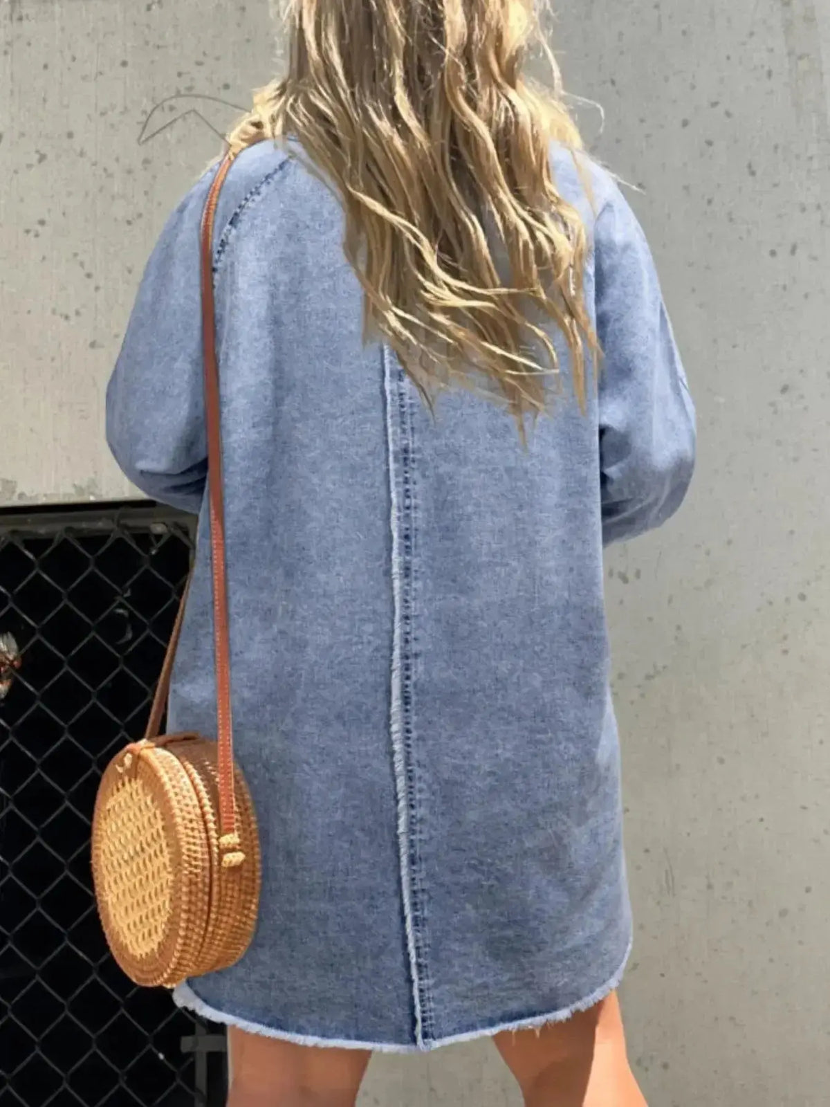 Women’s oversized long sleeve denim shirt dress with pockets, casual and stylish, by Plush Fashion Hub.