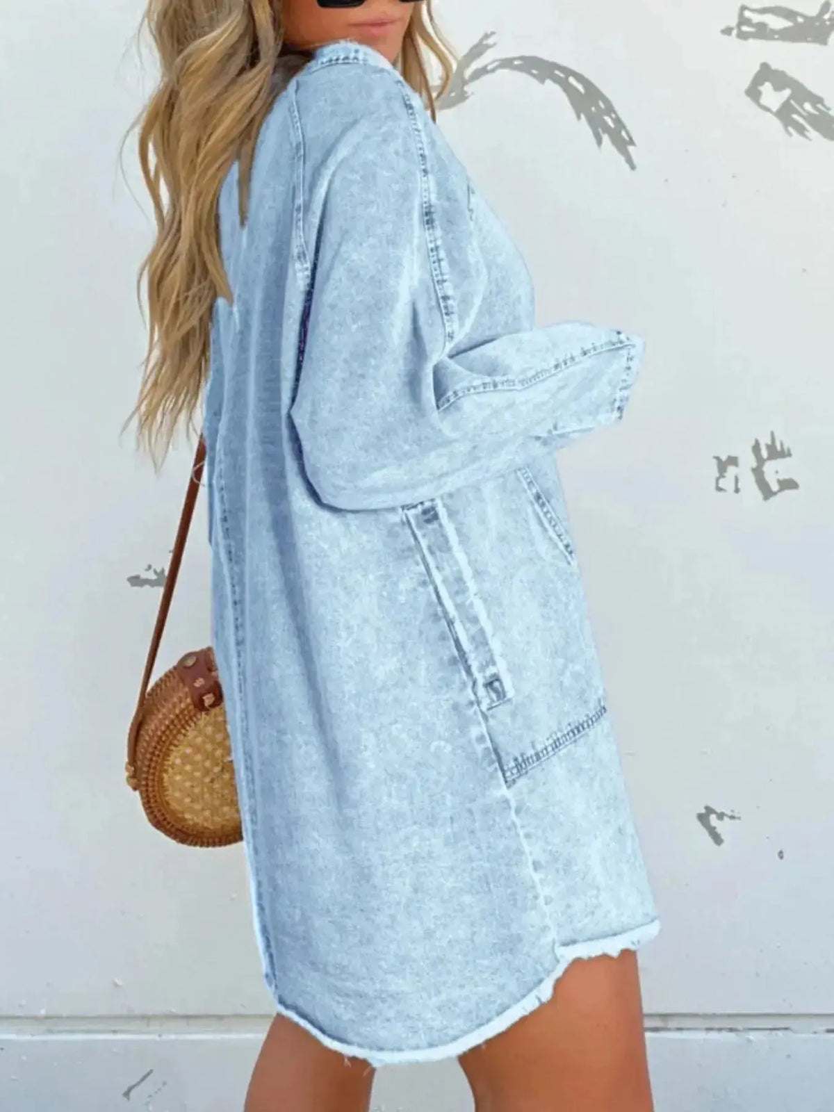 Women’s oversized long sleeve denim shirt dress with pockets by Plush Fashion Hub, featuring a casual, relaxed fit and classic denim style.