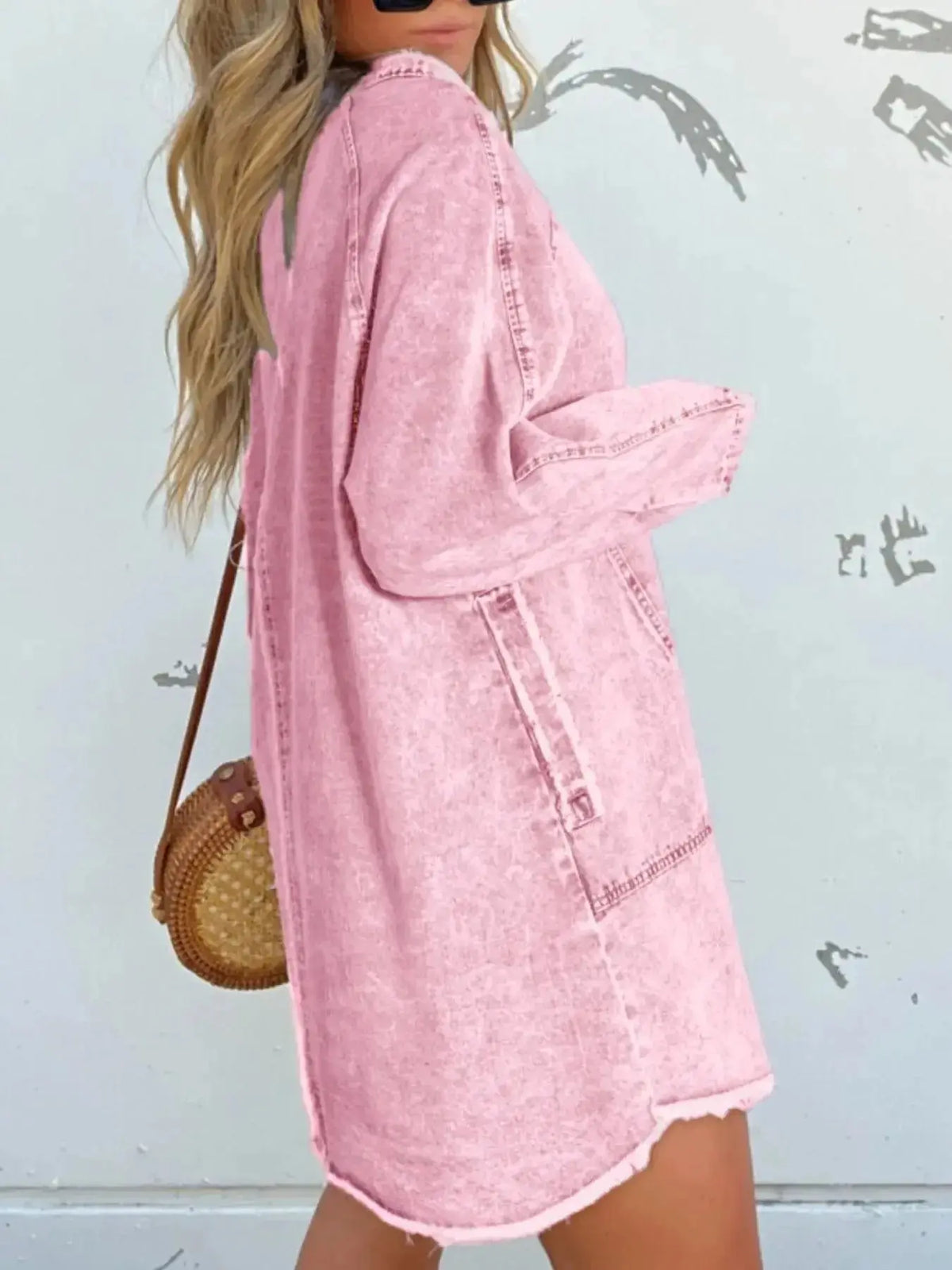 Women’s oversized long sleeve denim shirt dress with pockets by Plush Fashion Hub, featuring a relaxed fit and casual style.