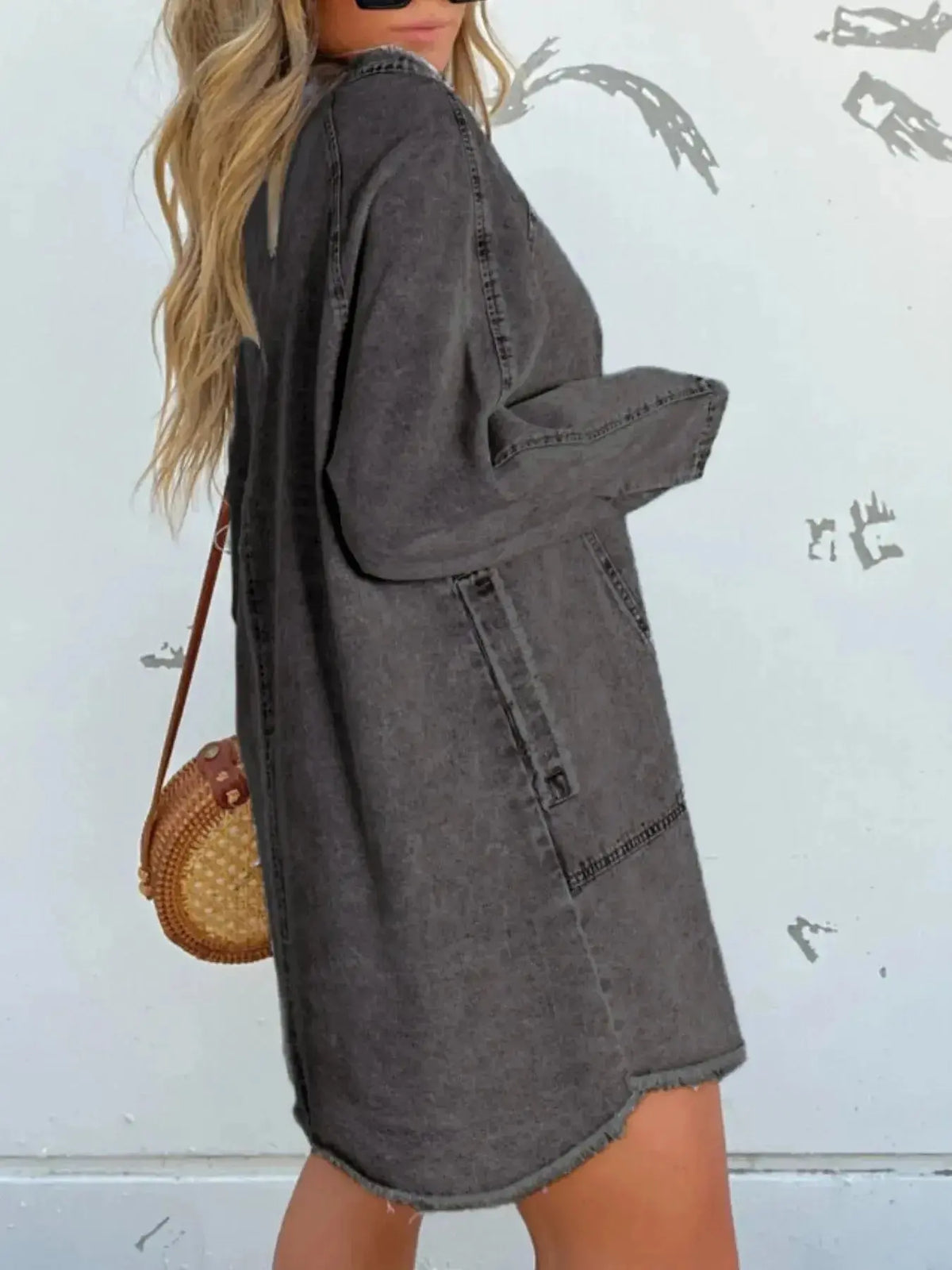Women’s oversized long sleeve denim shirt dress with front pockets by Plush Fashion Hub, casual and stylish for everyday wear.