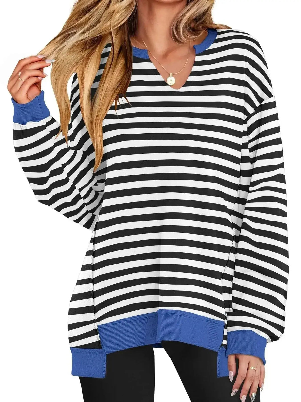 Women’s oversized notched neck sweatshirt with contrast stitching from Plush Fashion Hub, showcasing a relaxed fit and stylish details.