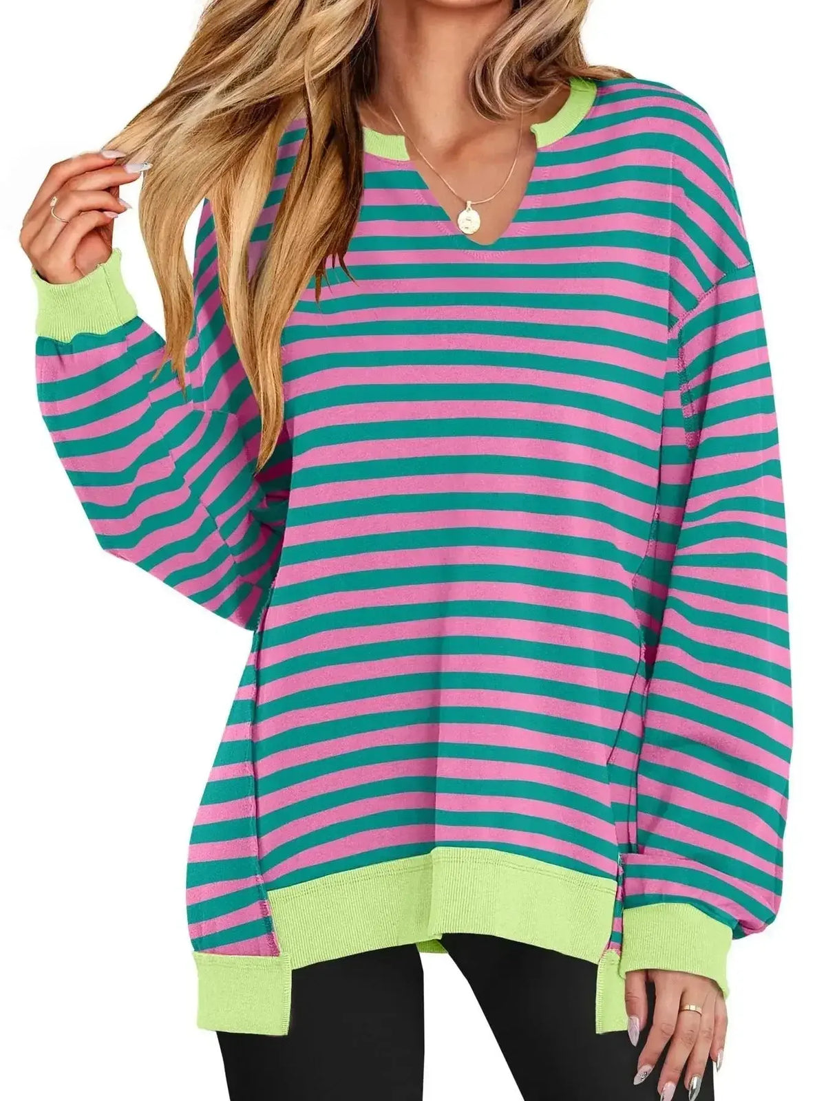 Women’s oversized notched neck sweatshirt with contrast stitching, plush fashion hub sweater, casual and stylish for everyday wear.