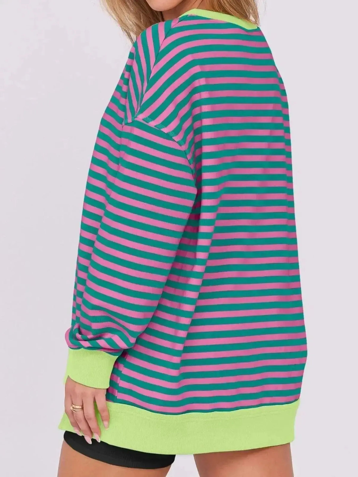Women’s oversized notched neck sweatshirt by Plush Fashion Hub with contrast stitching, casual and comfortable sweater for everyday wear.