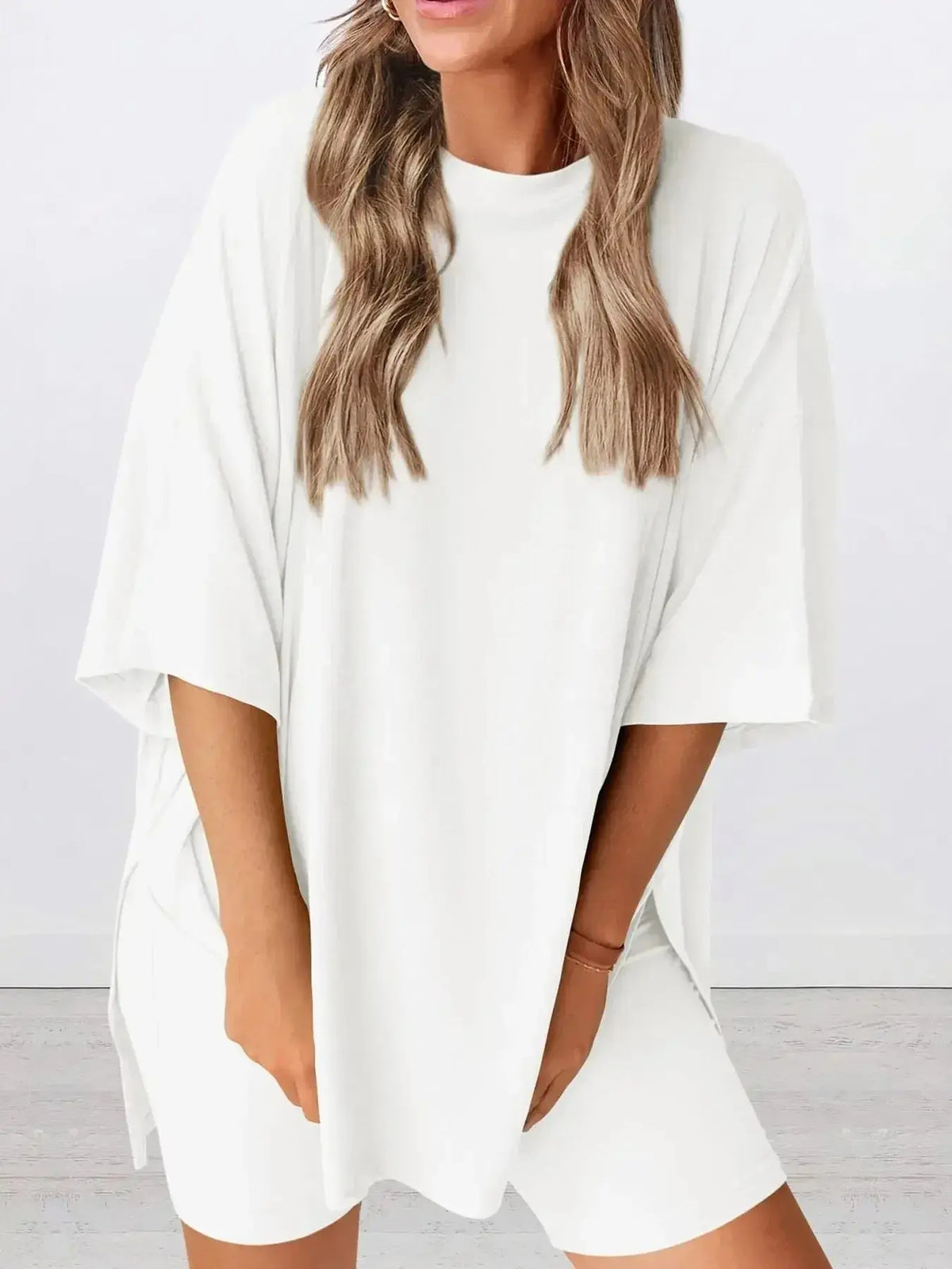 Women’s oversized round neck loungewear shirt from Plush Fashion Hub, comfortable two-piece lounge set, casual and cozy style.