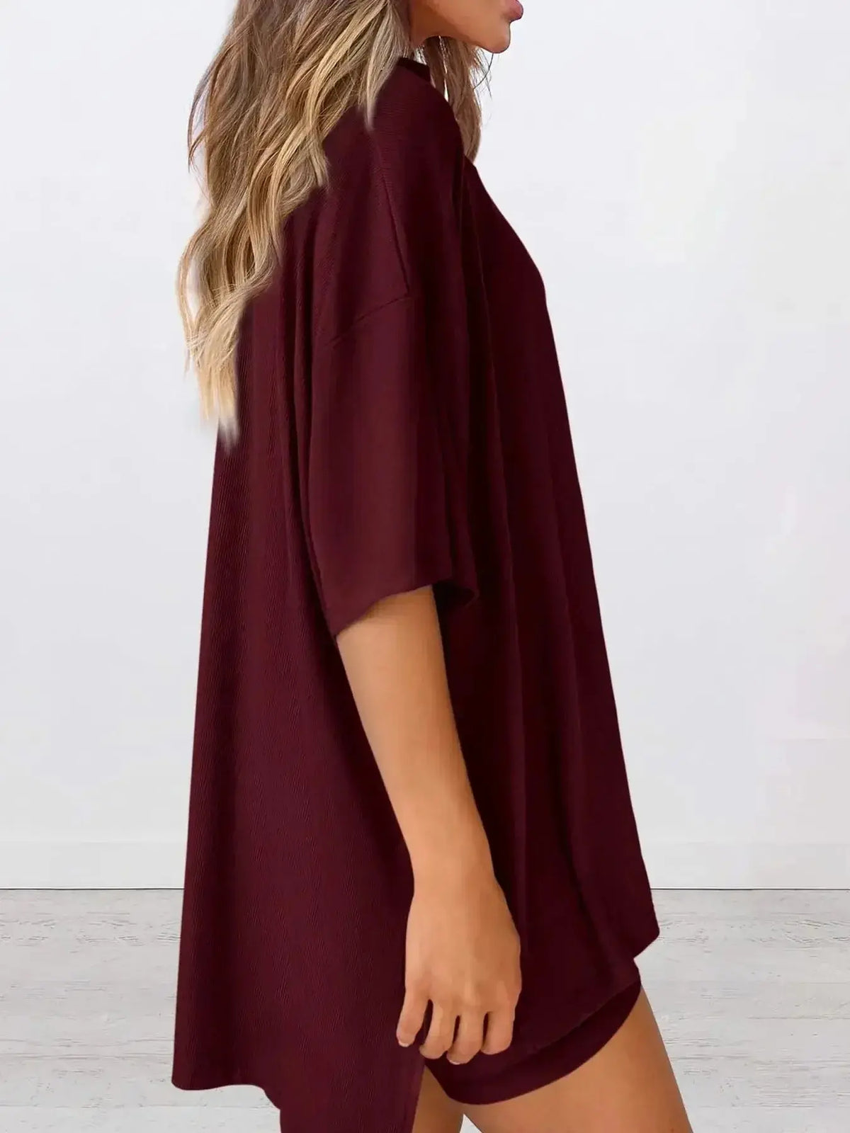 Women’s oversized round neck loungewear shirt from Plush Fashion Hub, part of a comfy two-piece lounge set, casual and relaxed fit.