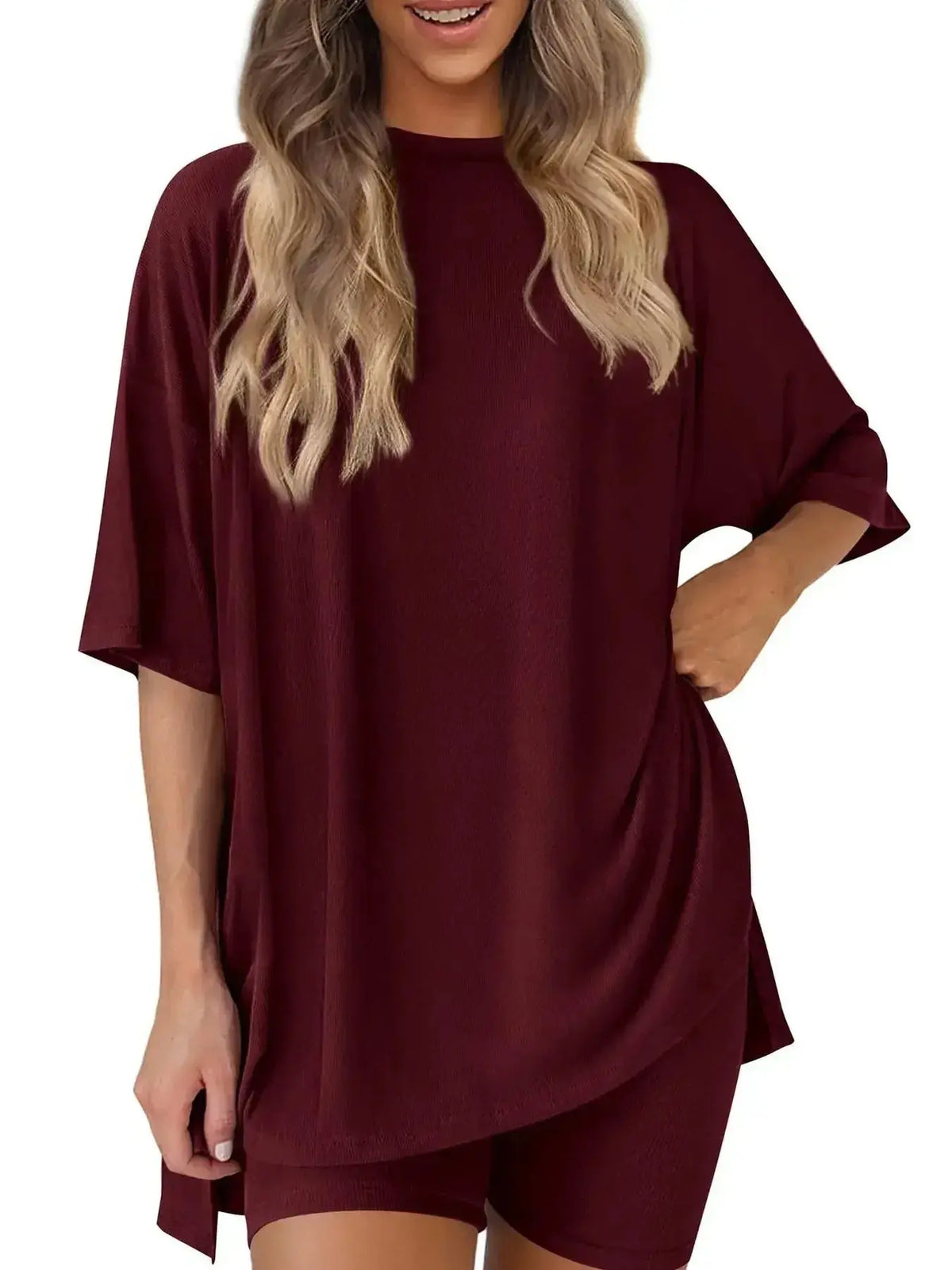 Women’s oversized round neck lounge shirt from Plush Fashion Hub, part of a comfy two-piece loungewear set.