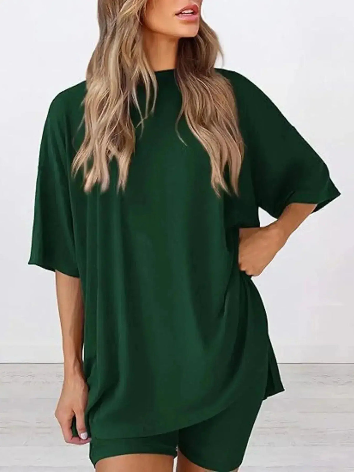 Women’s oversized round neck loungewear shirt from Plush Fashion Hub, part of a comfortable two-piece set for relaxed home wear.