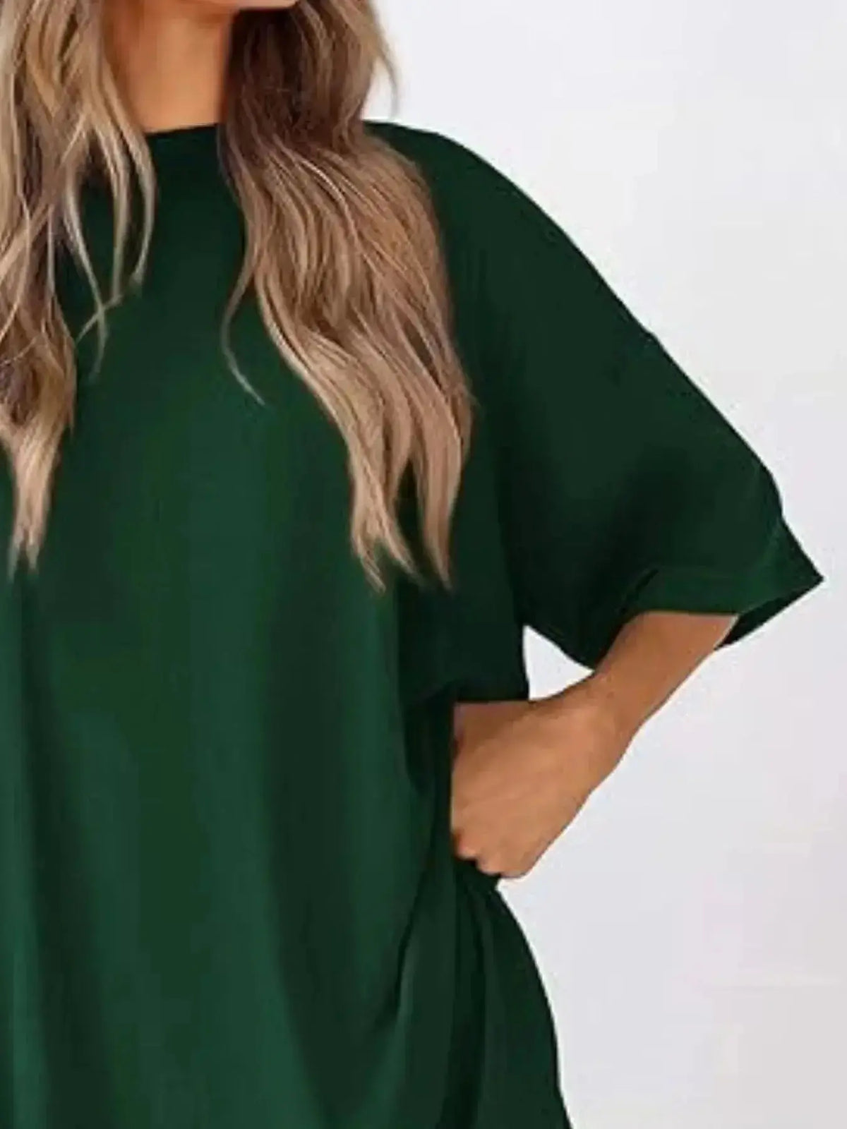 Women's oversized round neck loungewear shirt from Plush Fashion Hub, part of a comfy two-piece lounge set, casual and cozy.