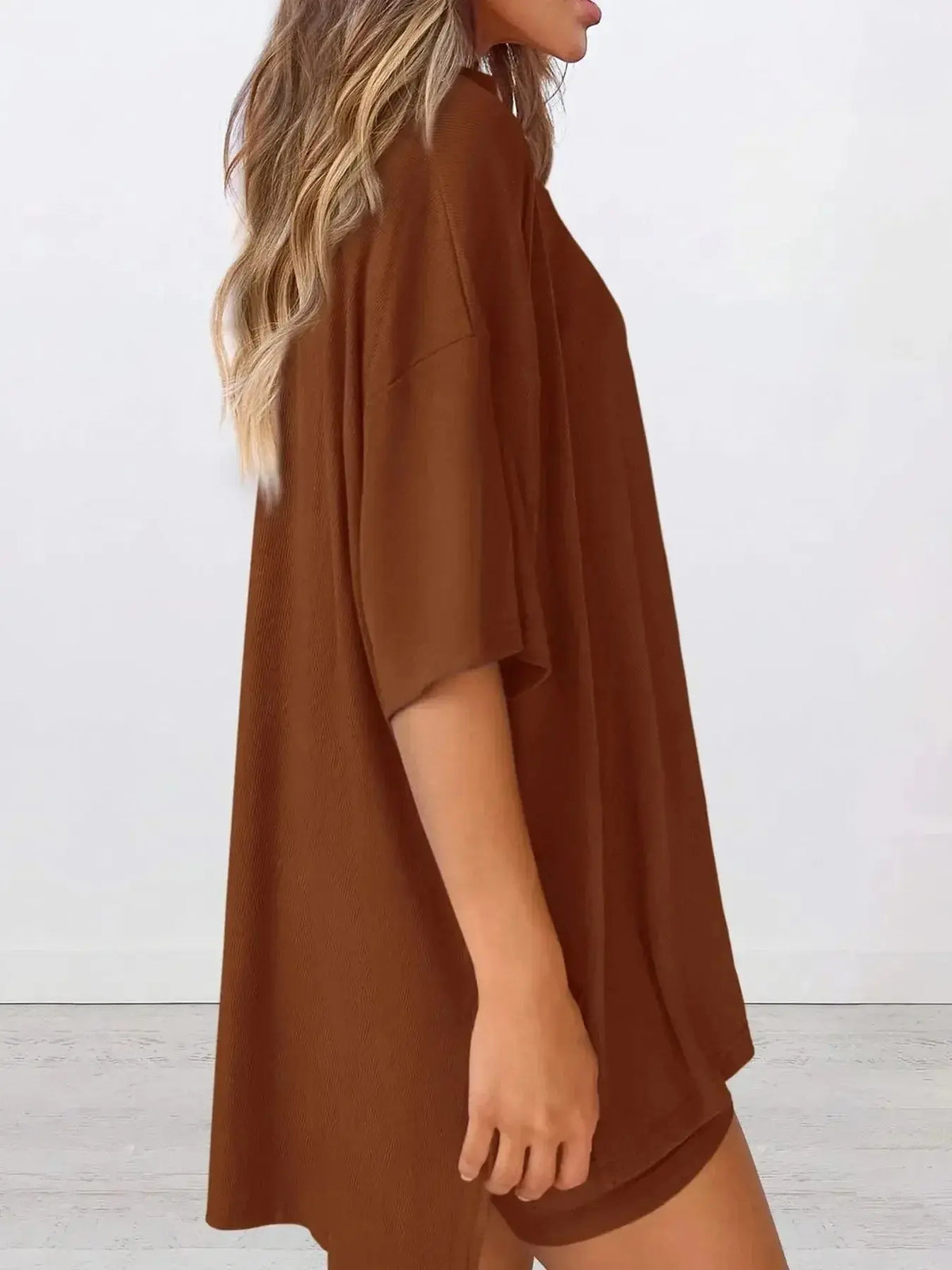 Women’s oversized round neck loungewear shirt from Plush Fashion Hub, part of a comfy two-piece set for relaxed home wear.