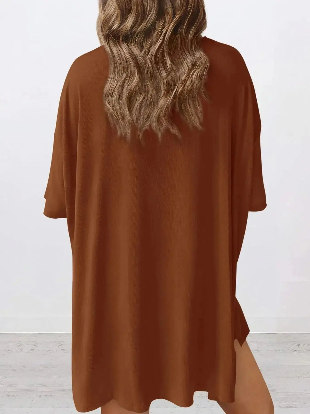 Women’s oversized round neck loungewear set by Plush Fashion Hub, featuring a comfortable two-piece shirt and pants for relaxed wear.