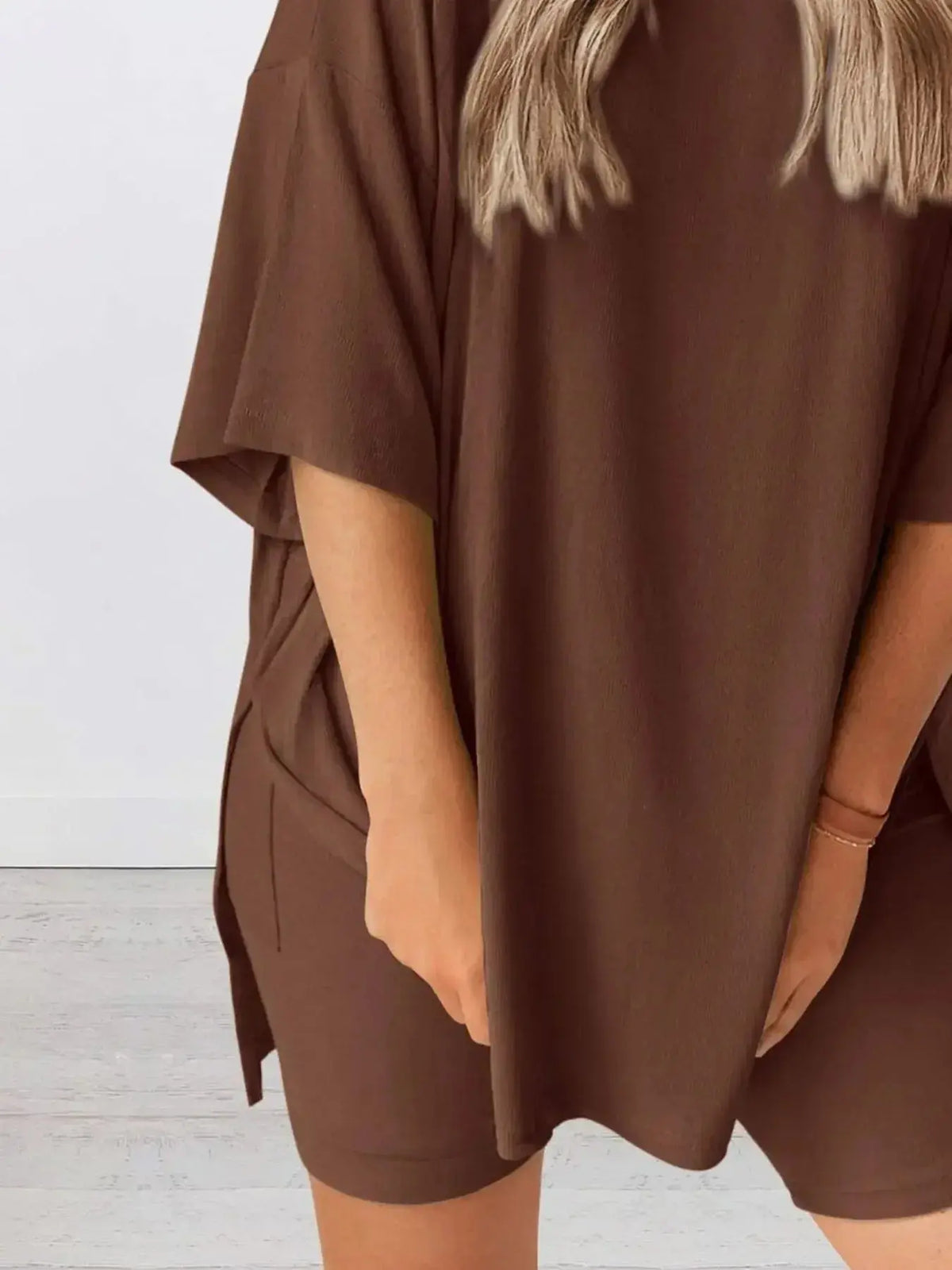 Women's oversized round neck lounge shirt from Plush Fashion Hub, part of a comfy two-piece loungewear set.