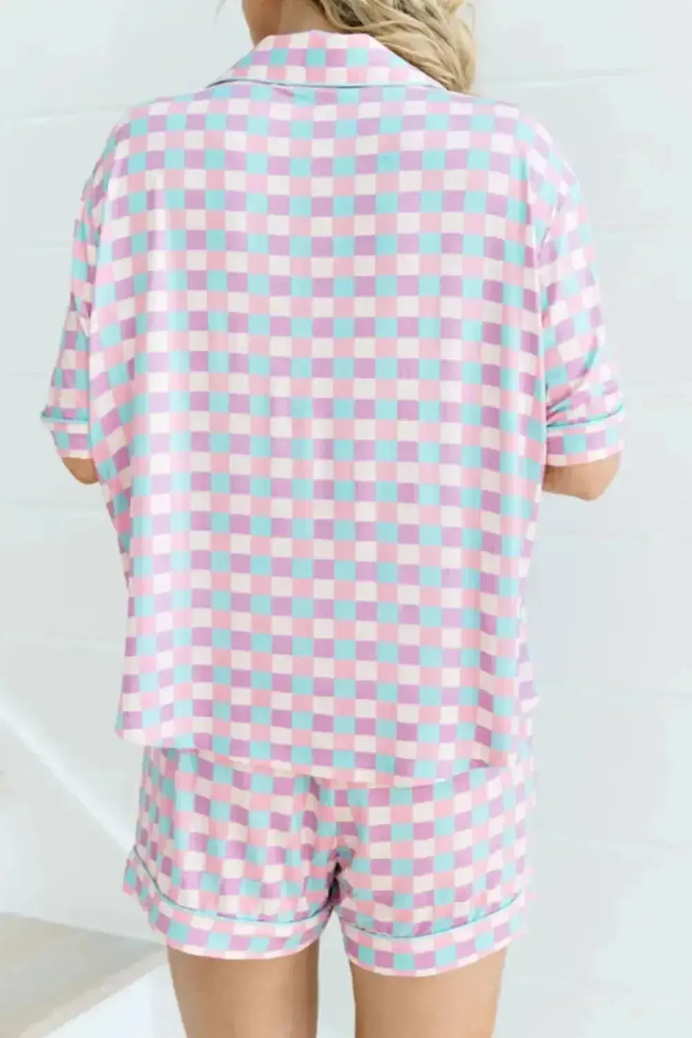 Women's plaid collared short sleeve pajama lounge set with pockets by Plush Fashion Hub, featuring a cozy, stylish design.