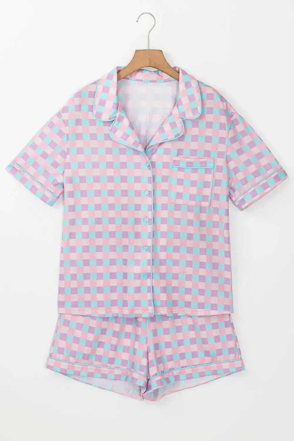Women's plaid collared short sleeve pajama lounge set with pockets by Plush Fashion Hub, featuring a cozy, relaxed fit.