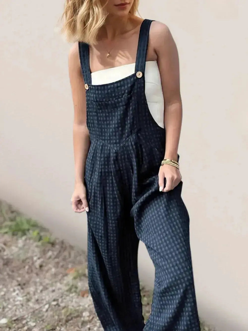 Women’s plaid cotton romper with wide legs and functional pockets, featuring a casual, stylish design by Plush Fashion Hub.