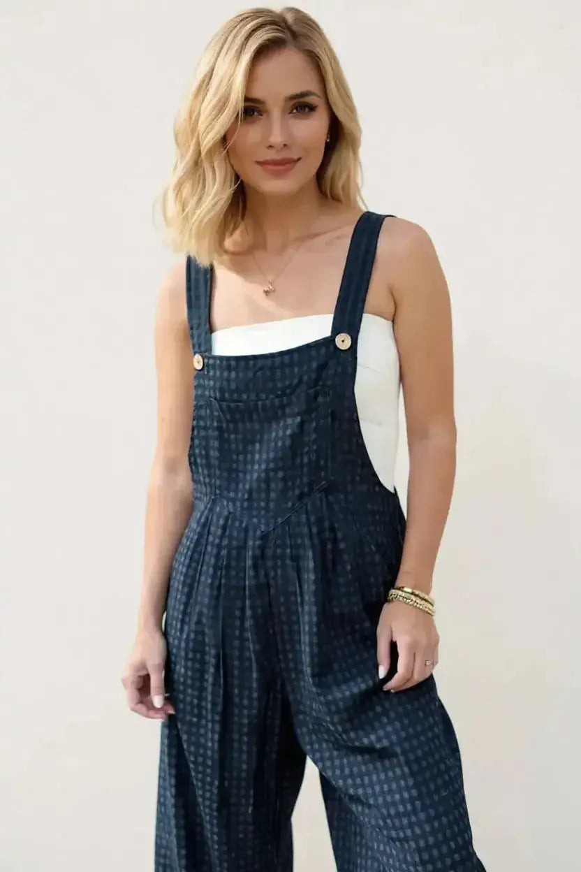 Women's plaid cotton wide-leg romper with functional pockets, stylish overalls by Plush Fashion Hub, perfect for casual wear.