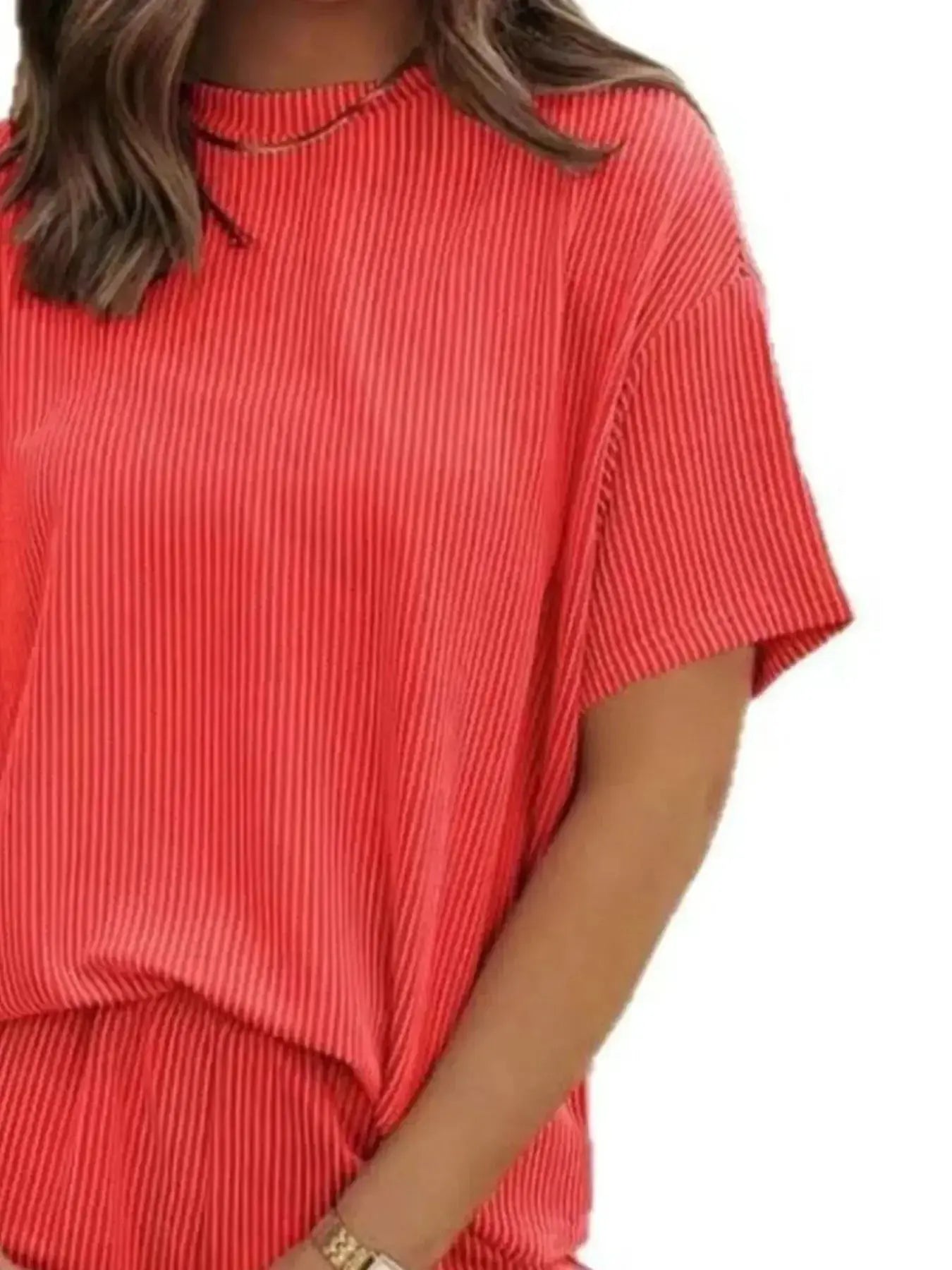Plus size ribbed pajama set for women featuring short sleeve top and shorts, comfortable lounge sleepwear by Trendsi.