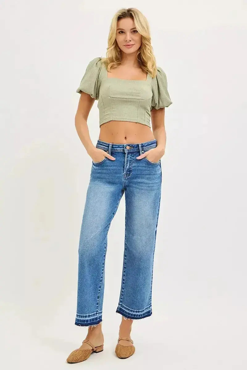 Plus size slouchy cropped boyfriend jeans by Plush Fashion Hub with distressed details and raw hem denim for a casual, trendy look.