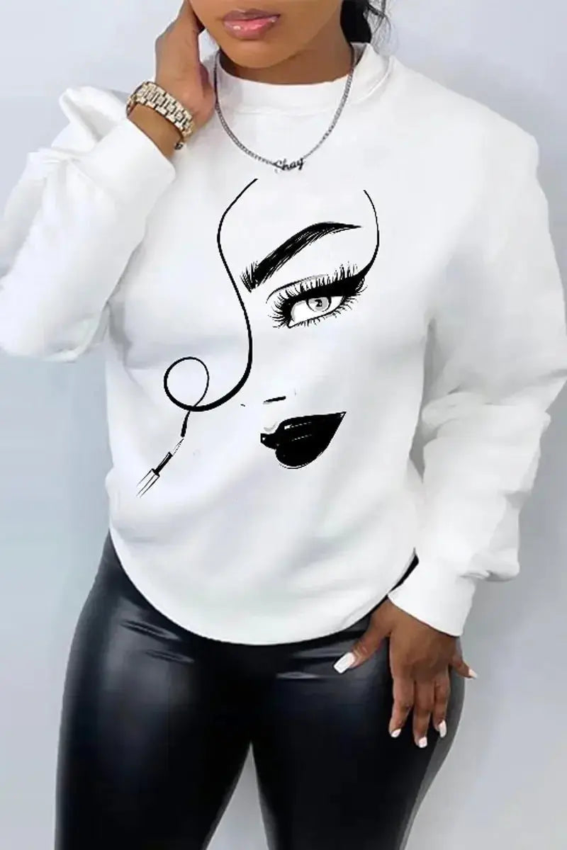 Women’s printed long sleeve crew neck sweater by Plush Fashion Hub, casual relaxed fit with knit fabric and stylish design.